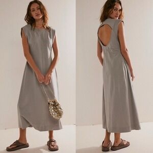 Free People Beach Simone Midi Dress L Gray Cotton Lagenlook Boho Minimalist Chic
